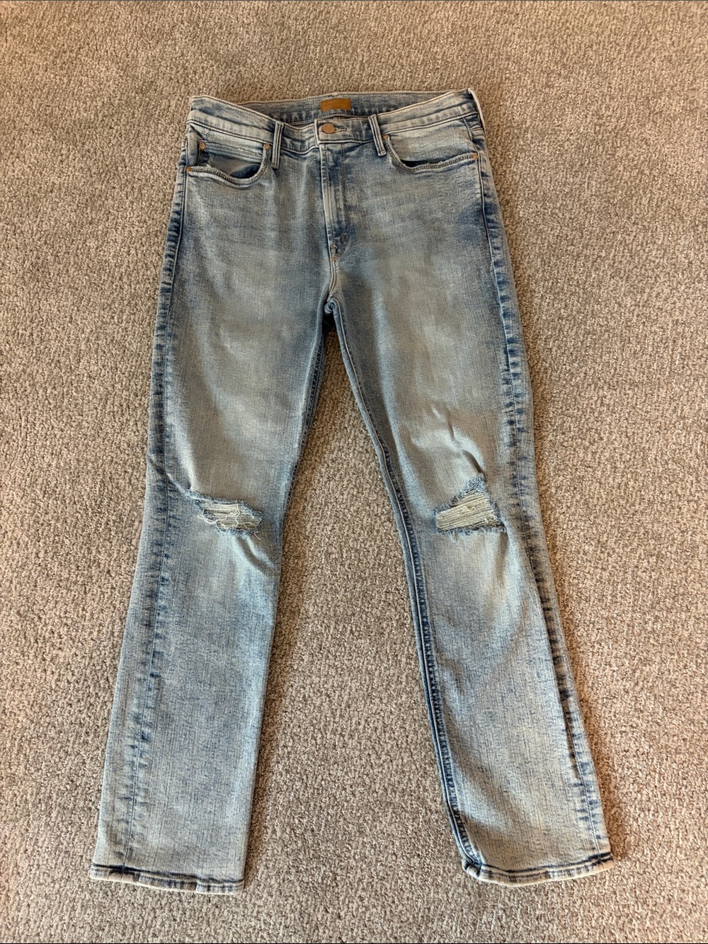 MOTHER Light Blue Distressed Straight-Leg Jeans